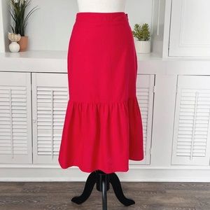 Red Linen Ruffle Midi Skirt
